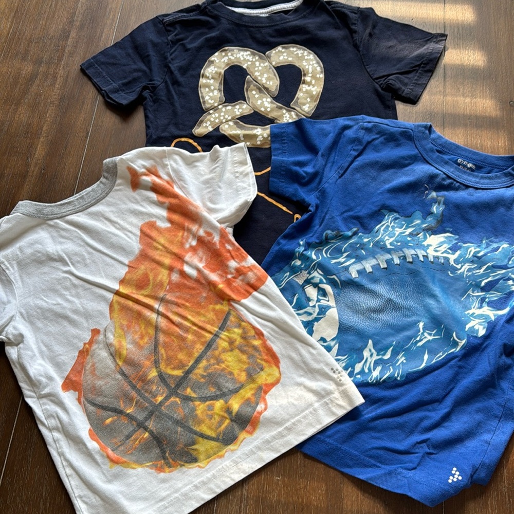 Three (3) 2 Gymboree gymgo tees XS (3/4)/S (5-6) pretzel basketball football